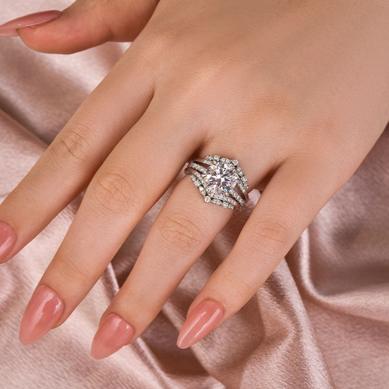 Moissanite 3.0Ct Round Cut White Gold Stack Wedding Ring with Jacket Wedding Band