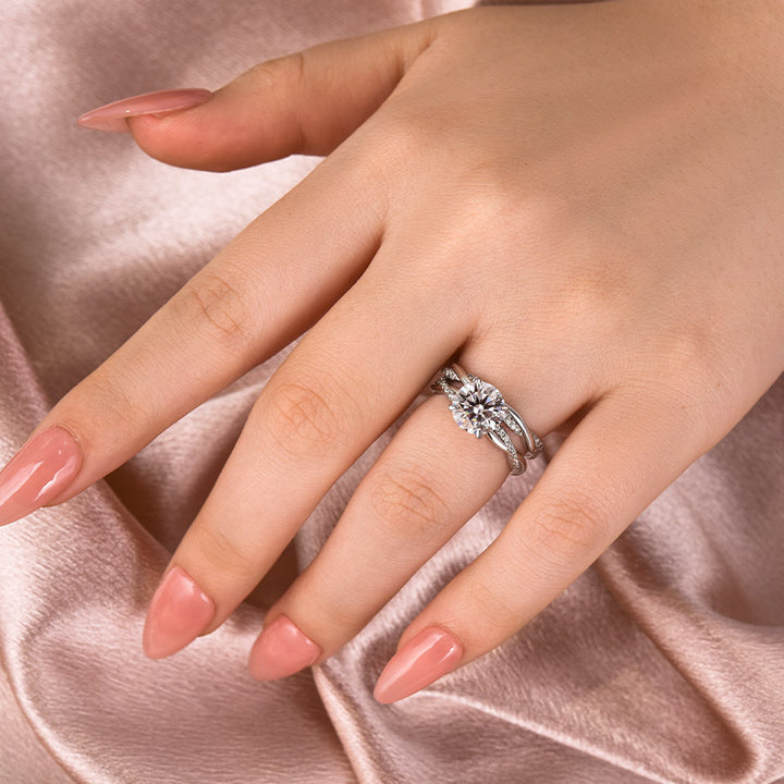 Rodiffy Moissanite 2.0 Ct/1.0Ct Twist White Gold Pave Wedding Ring Set