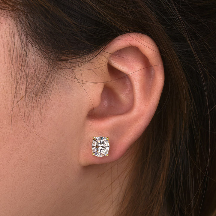 Rodiffy Moissanite 2.0 Ct*2 Diamond Yellow Gold 4 Prong Cushion Stud Earrings