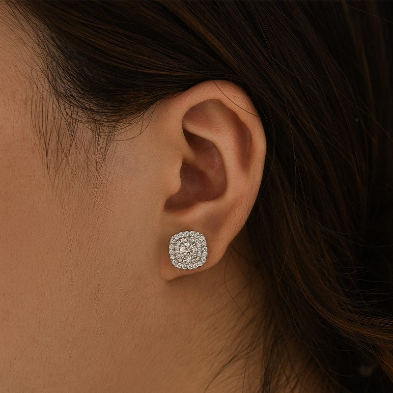 Moissanite 0.9Ct Double Halo Round Cut Stud Earrings In Sterling Silver