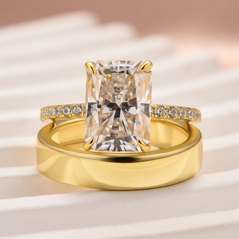 Rodiffy Moissanite 3.5 Ct Radiant Cut Yellow Gold Wedding Ring Set with Wide Wedding Band