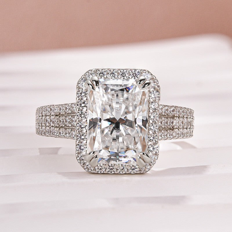Moissanite Halo Three Shank 3.5Ct Radiant Cut White Gold Engagement Ring