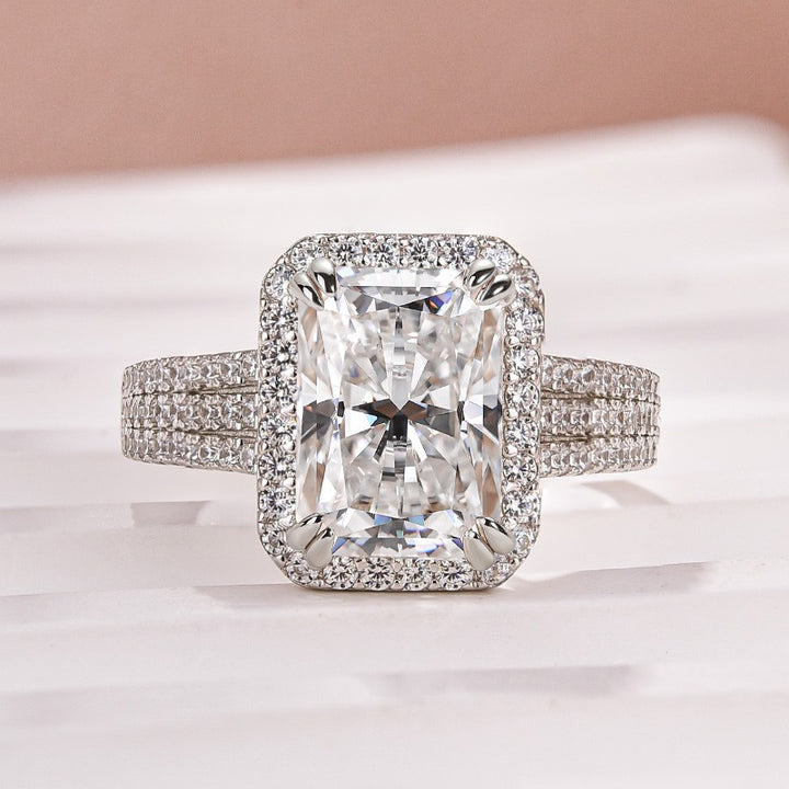 Moissanite Halo Three Shank 3.5Ct Radiant Cut White Gold Engagement Ring