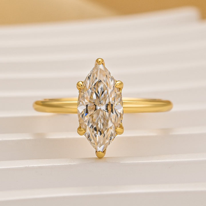 S925 Moissanite 1.0Ct~3.0Ct Marquise Cut Solitaire Yellow Gold Promise Ring For Women