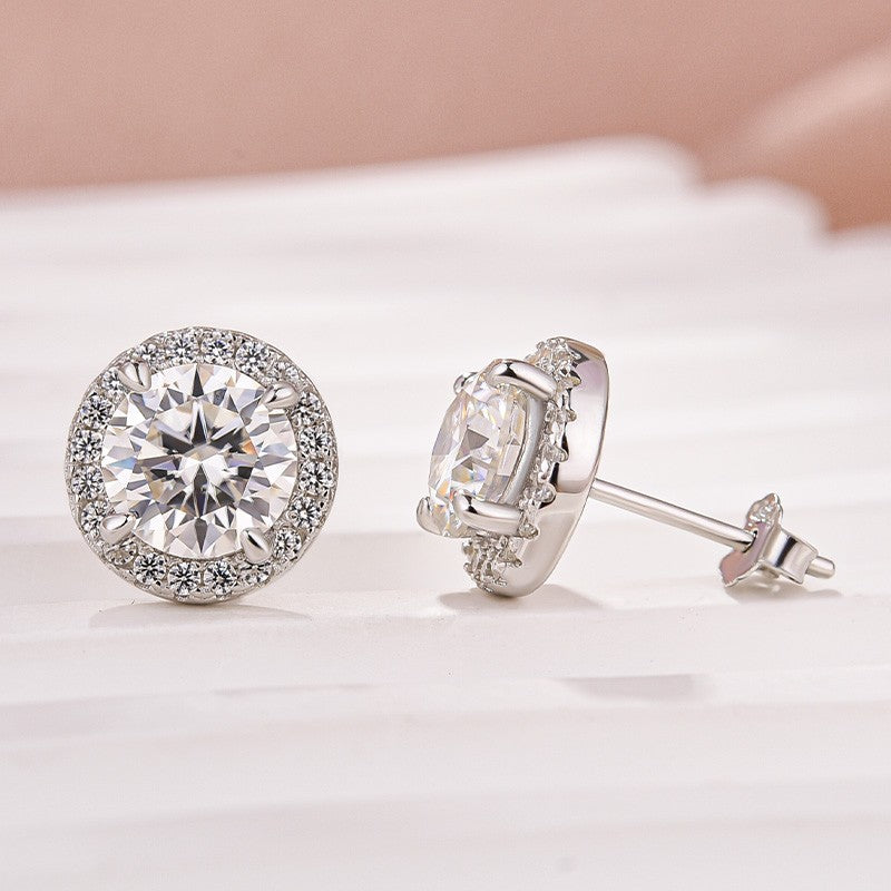 Moissanite 1.2Ct Halo Round Cut White Gold Stub Earrings