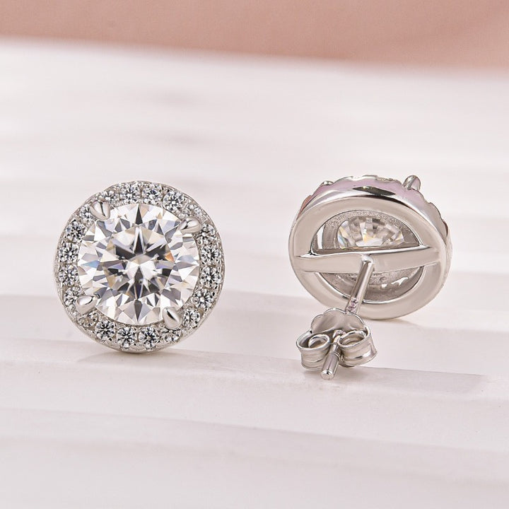 Moissanite 1.2Ct*2 Halo Round Cut White Gold Stub Earrings