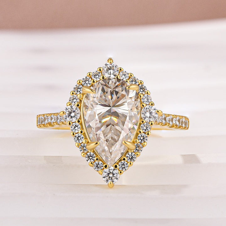 Moissanite 2.5 Ct Halo Pear Cut Yellow Gold Travel Ring