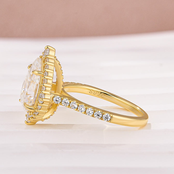 Moissanite 2.5 Ct Halo Pear Cut Yellow Gold Travel Ring