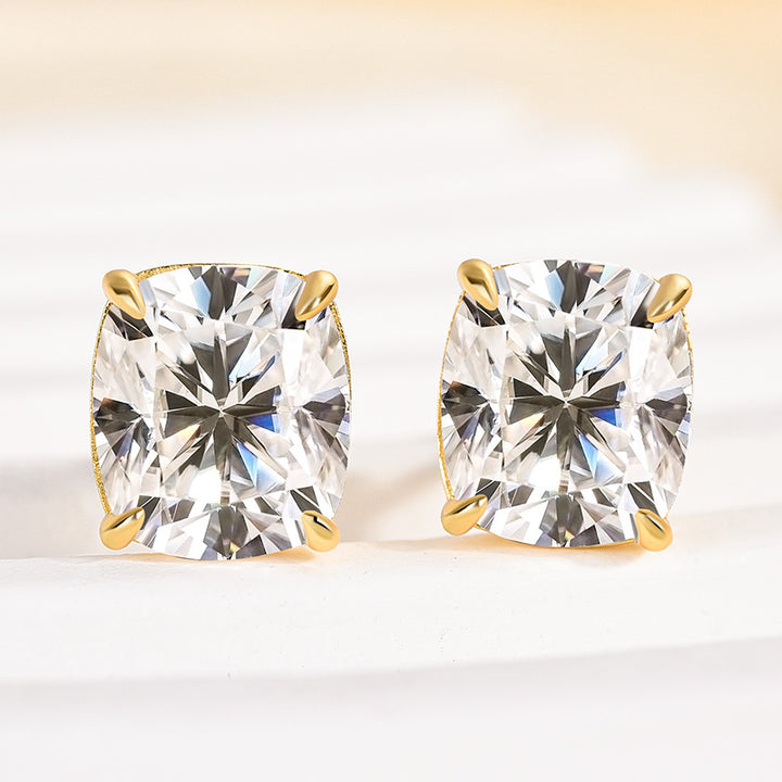 Rodiffy Moissanite 2.0 Ct*2 Diamond Yellow Gold 4 Prong Cushion Stud Earrings