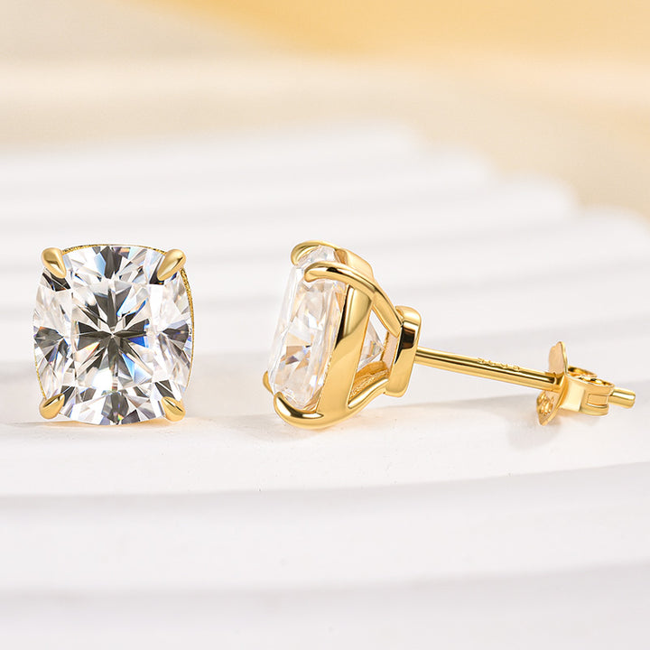 Rodiffy Moissanite 2.0 Ct*2 Diamond Yellow Gold 4 Prong Cushion Stud Earrings
