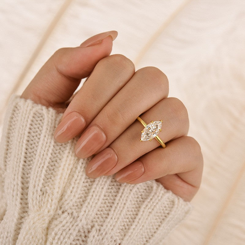 S925 Moissanite 1.0Ct~3.0Ct Marquise Cut Solitaire Yellow Gold Promise Ring For Women