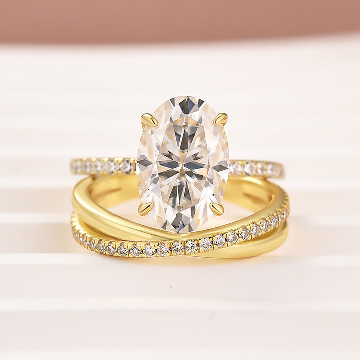 Moissanite 2PC 4.0 Ct Oval Cut Twist Yellow Gold Wedding Ring Set For Women
