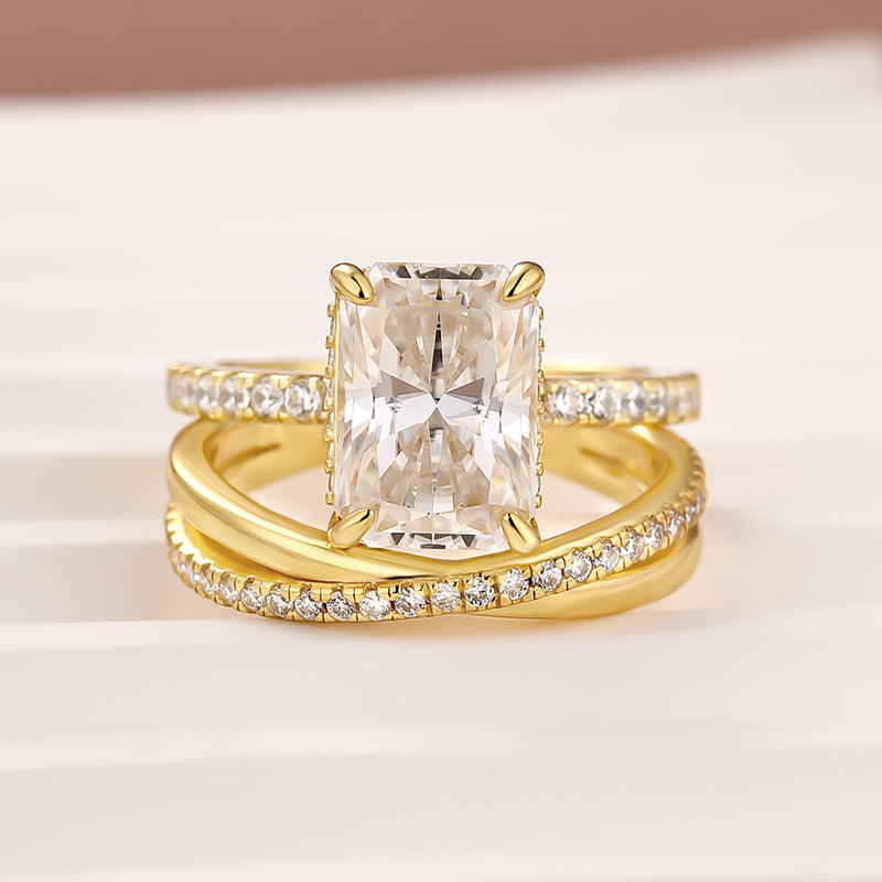 Moissanite 2PC 3.5 Ct Radiant Cut Twist Yellow Gold Wedding Ring Set For Women