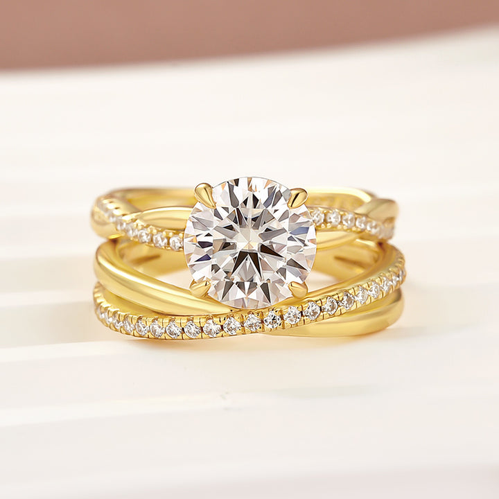 Moissanite 2PC 2.0 Ct Round Cut Twist Yellow Gold Wedding Ring Set For Women