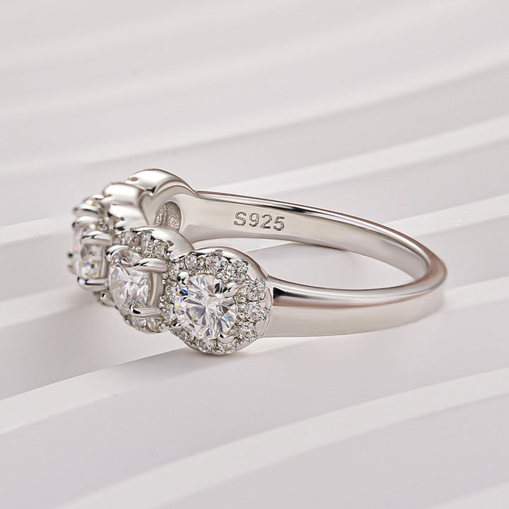 1.3Ct Round Cut Moissanite Five Stone Wedding Band Halo Design in Sterling Silver