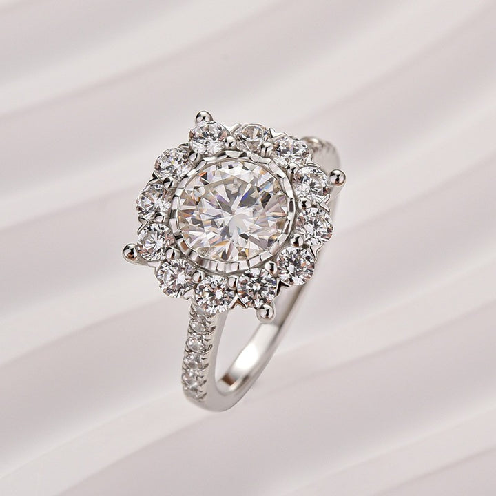 Moissanite 1.2Ct Halo Round Cut White Gold Engagement Ring