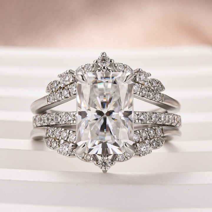 Moissanite 3.5Ct Radiant Cut White Gold Stack Wedding Ring with Jacket Wedding Band