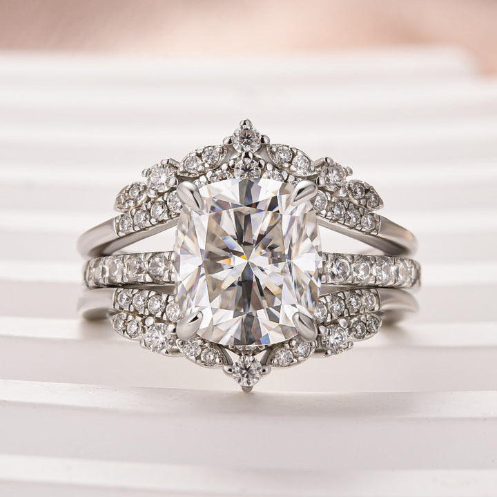 Moissanite 3.0Ct Cushion Cut White Gold Stack Wedding Ring with Jacket Wedding Band