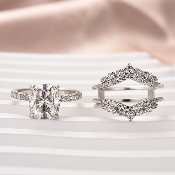 Moissanite 3.0Ct Cushion Cut White Gold Stack Wedding Ring with Jacket Wedding Band
