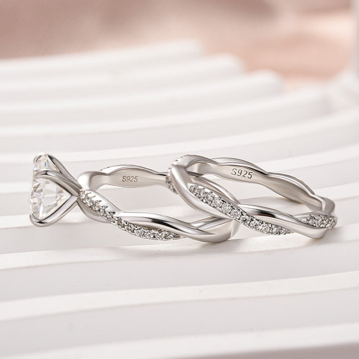 Rodiffy Moissanite 2.0 Ct/1.0Ct Twist White Gold Pave Wedding Ring Set