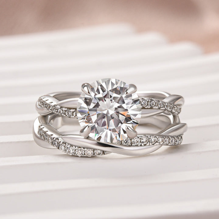 Rodiffy Moissanite 2.0 Ct/1.0Ct Twist White Gold Pave Wedding Ring Set