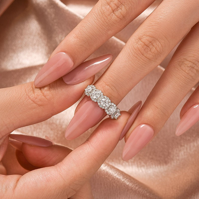 Round Cut Moissanite Five Stone Wedding Band Halo Design in