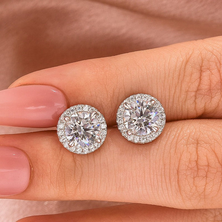 Moissanite 1.2Ct*2 Halo Round Cut White Gold Stub Earrings