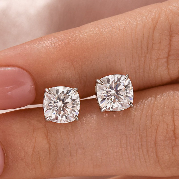 Moissanite 2.0Ct*2 Cushion Cut White Gold Stub Earrings