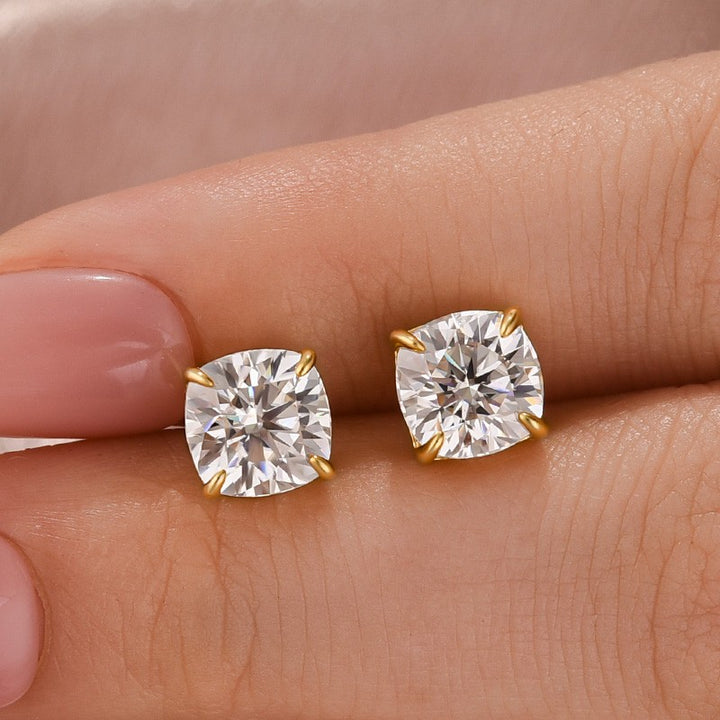 Moissanite 2.0Ct*2 Cushion Cut Yellow Gold Stub Earrings
