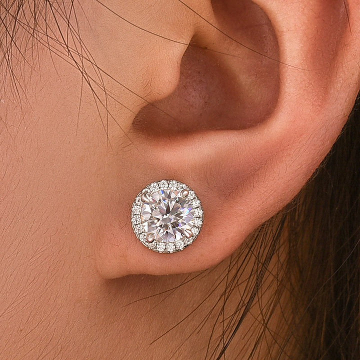 Moissanite 1.2Ct*2 Halo Round Cut White Gold Stub Earrings