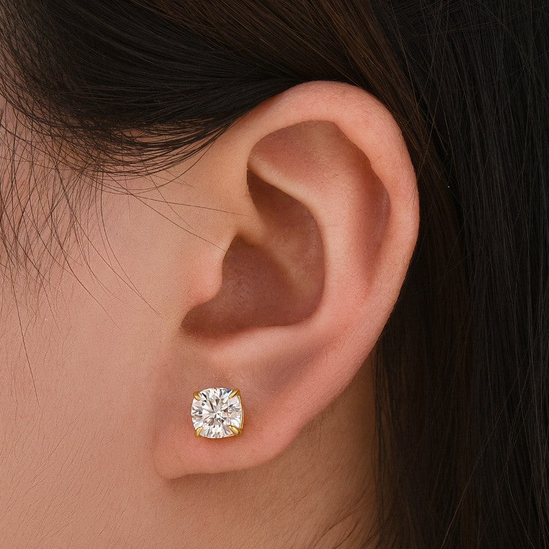 Moissanite 2.0Ct Cushion Cut Yellow Gold Stub Earrings