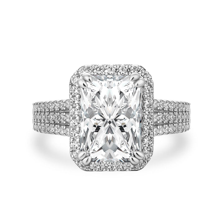 Moissanite Halo Three Shank 3.5Ct Radiant Cut White Gold Engagement Ring