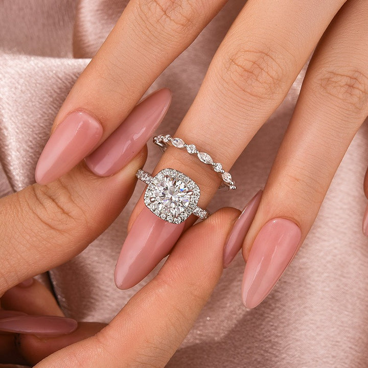 Moissanite 2.0Ct Halo Round Cut White Gold Promise Ring With Round Cut &amp; Marquise Cut Anniversary Ring