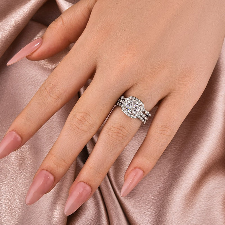 Moissanite 2.0Ct Halo Round Cut White Gold Promise Ring With Round Cut &amp; Marquise Cut Anniversary Ring