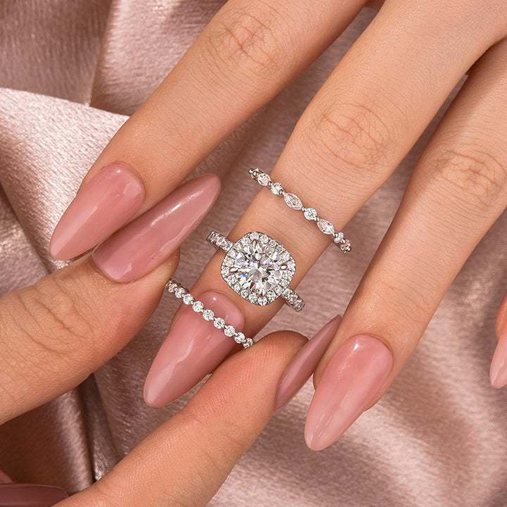 Moissanite 2.0Ct Halo Round Cut White Gold Promise Ring With Round Cut &amp; Marquise Cut Anniversary Ring
