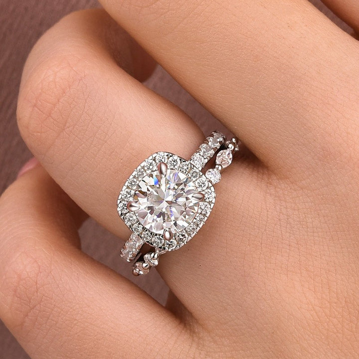 Moissanite 2.0Ct Halo Round Cut White Gold Promise Ring With Round Cut &amp; Marquise Cut Anniversary Ring