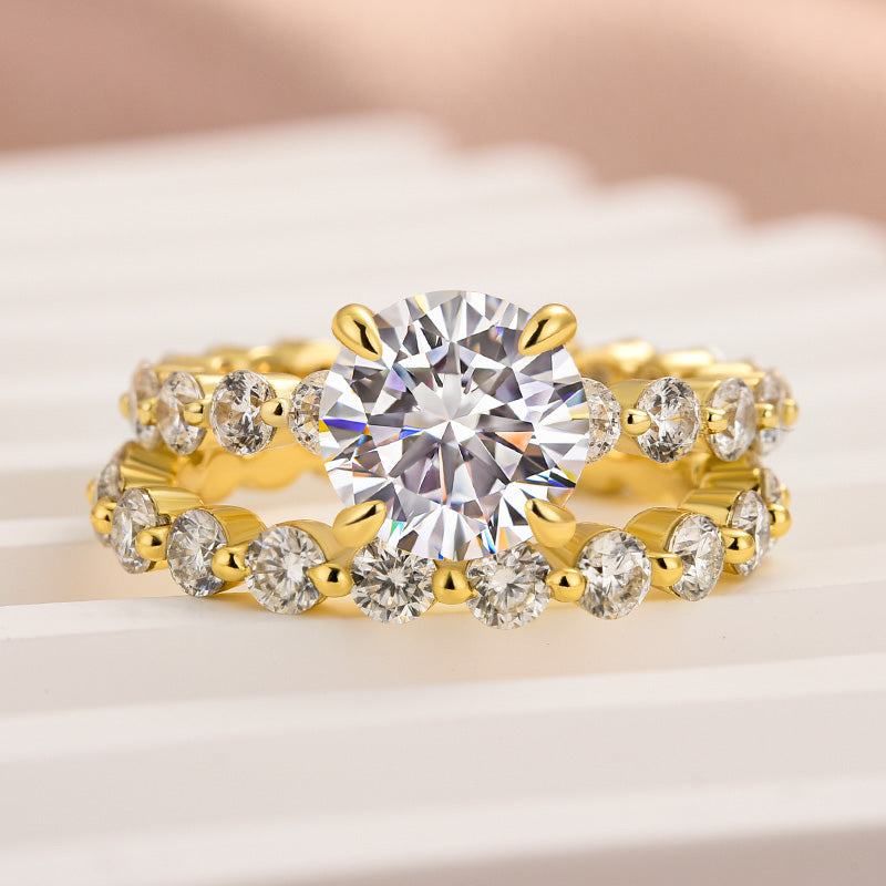 Rodiffy Moissanite 2.0 Ct Round Cut Yellow Gold Wedding Ring Set With Eternity Wedding Band