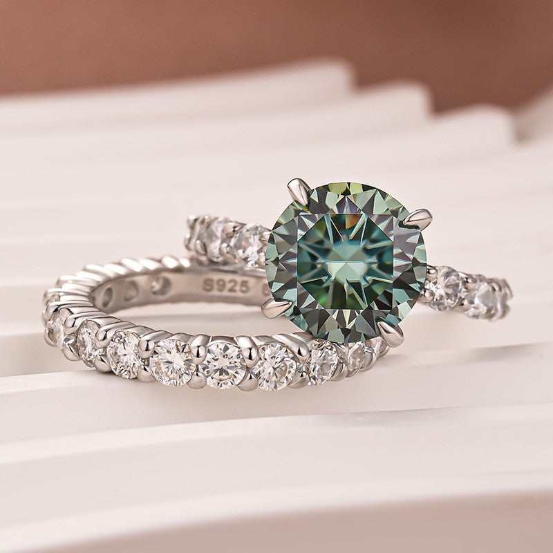 Moissanite 4.0Ct Turquoise Round Cut Side Stone White Gold Travel Bridal Set