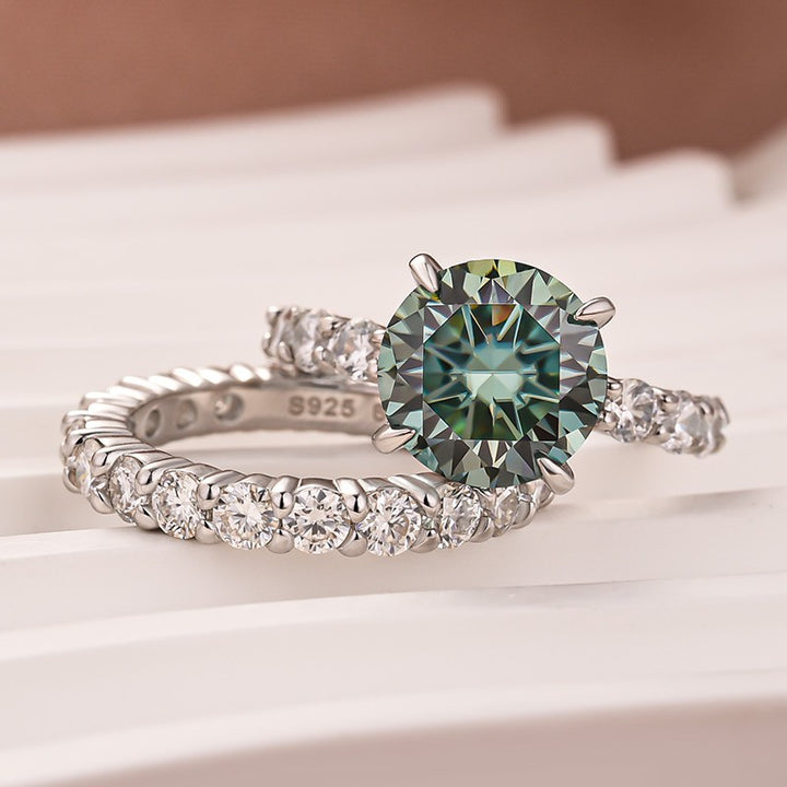 Moissanite 4.0Ct Turquoise Round Cut Side Stone White Gold Travel Bridal Set