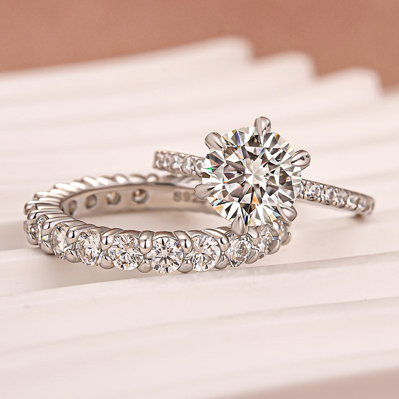 Moissanite 2.0Ct~4.0Ct Round Cut White Gold Wedding Ring Set