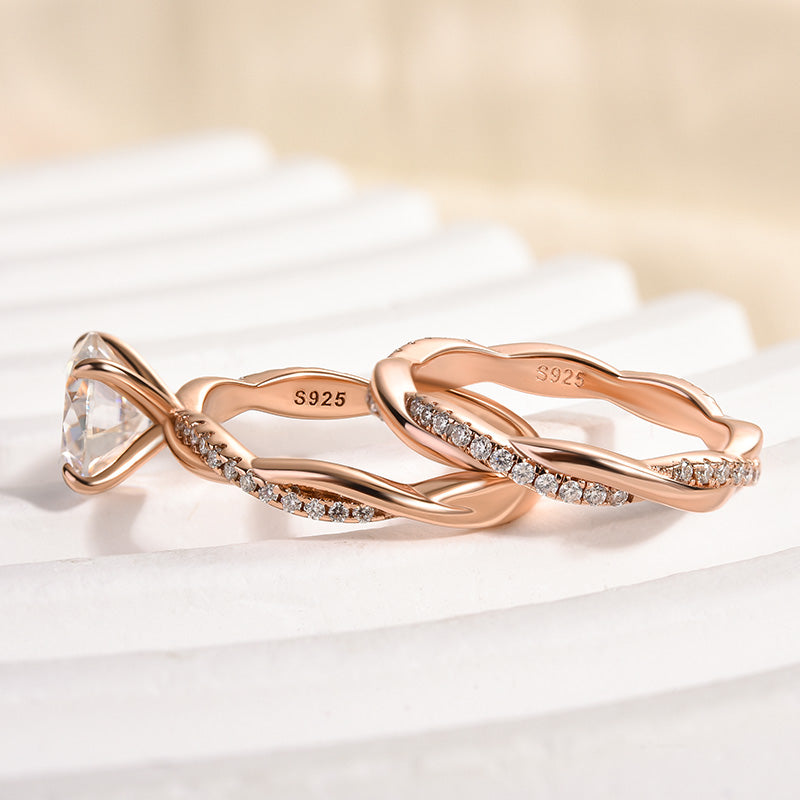 Rodiffy Moissanite 2.0 Ct Twist Rose Gold Pave Wedding Ring Set