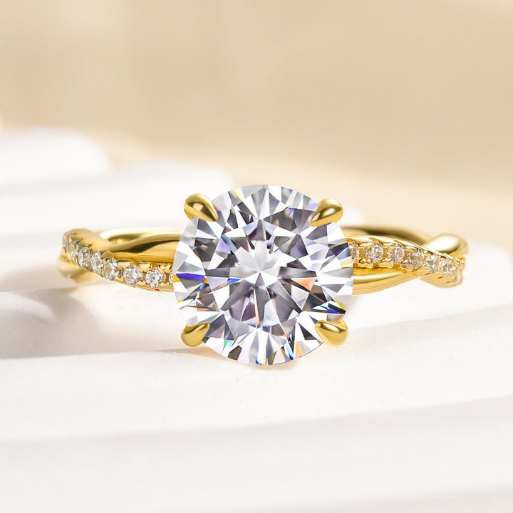 Rodiffy Moissanite 1.0Ct/1.2Ct/2.0 Ct Twist Yellow Gold Pave Promise Bridal Ring