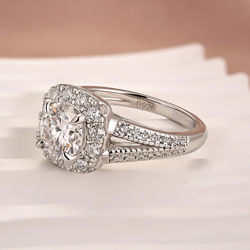 Moissanite 1.2Ct Halo Round Cut Split Shank White Gold Promise Ring For Women