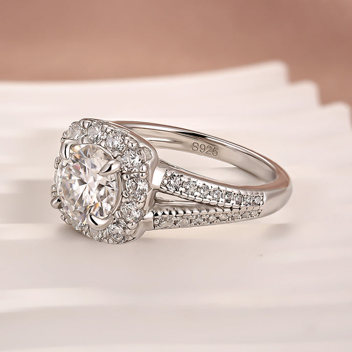 Moissanite 1.2Ct Halo Round Cut Split Shank White Gold Promise Ring For Women
