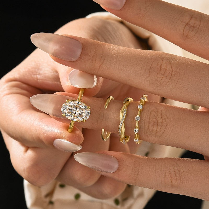 Moissanite 4.0Ct Oval Cut Yellow Gold Bridal Ring Set with Open Wedding Band