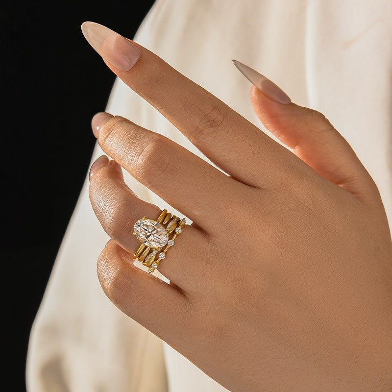 Moissanite 4.0Ct Oval Cut Yellow Gold Bridal Ring Set with Open Wedding Band