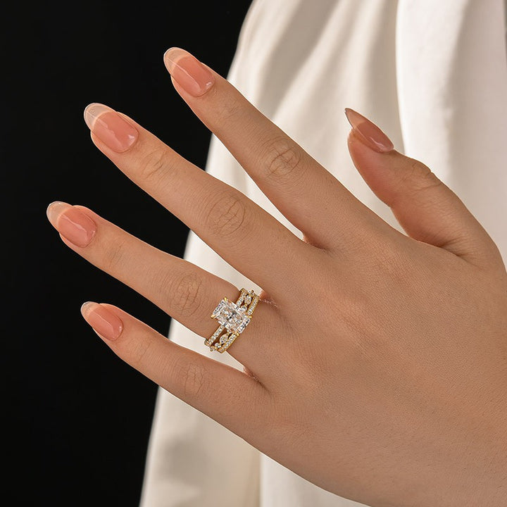 3.5 Ct Radiant Cut Yellow Gold Moissanite Diamond Wedding Ring with Round &amp; Marquise Accents Bands