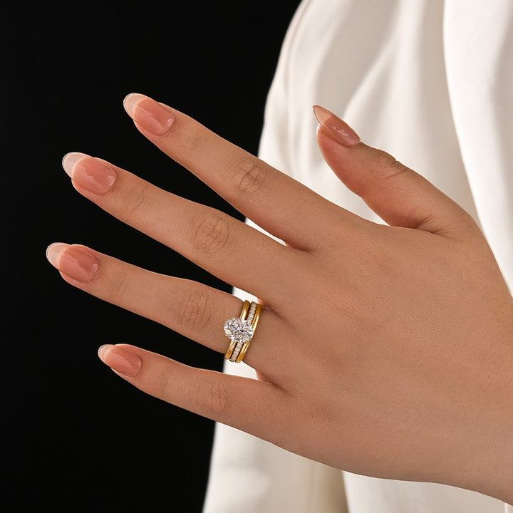 Moissanite 2.0Ct Solitaire Oval Cut Yellow Gold Wedding Ring with Pavé Eternity Ring