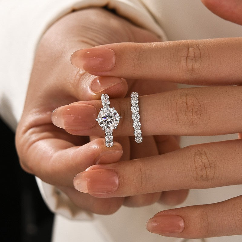 Moissanite 2.0 Ct 6 Prong Round Cut White Gold Engagement Ring with Seven Stone Low Dome Basket Anniversary Ring