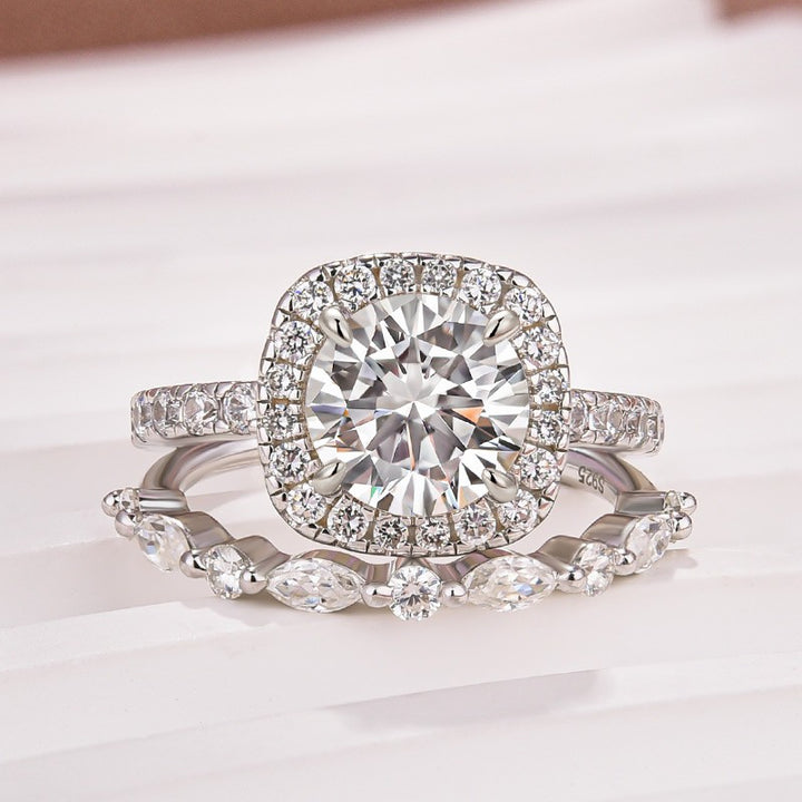 Moissanite 2.0Ct Halo Round Cut White Gold Promise Ring With Round Cut &amp; Marquise Cut Anniversary Ring